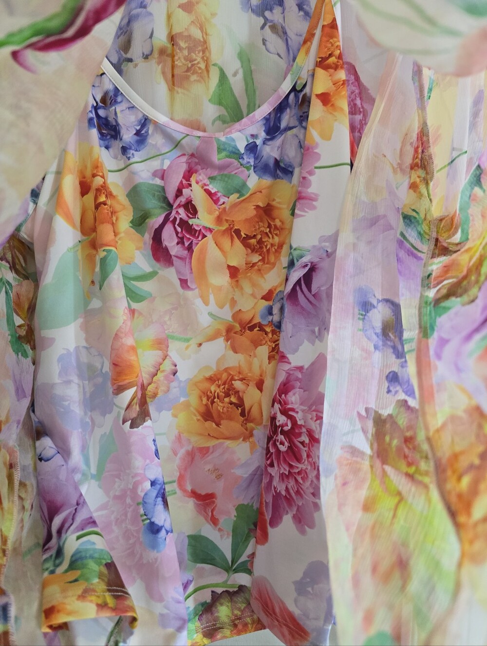 Johnny Was Jade Glinda Silk Peasant Blouse XL Watercolor Floral Sheer With Liner - Picture 7 of 9